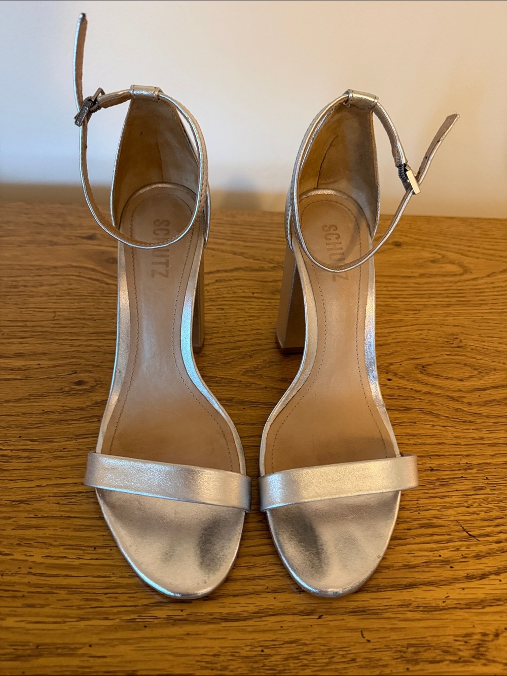 SCHUTZ Metallic Silver Ankle-Strap Block Heels